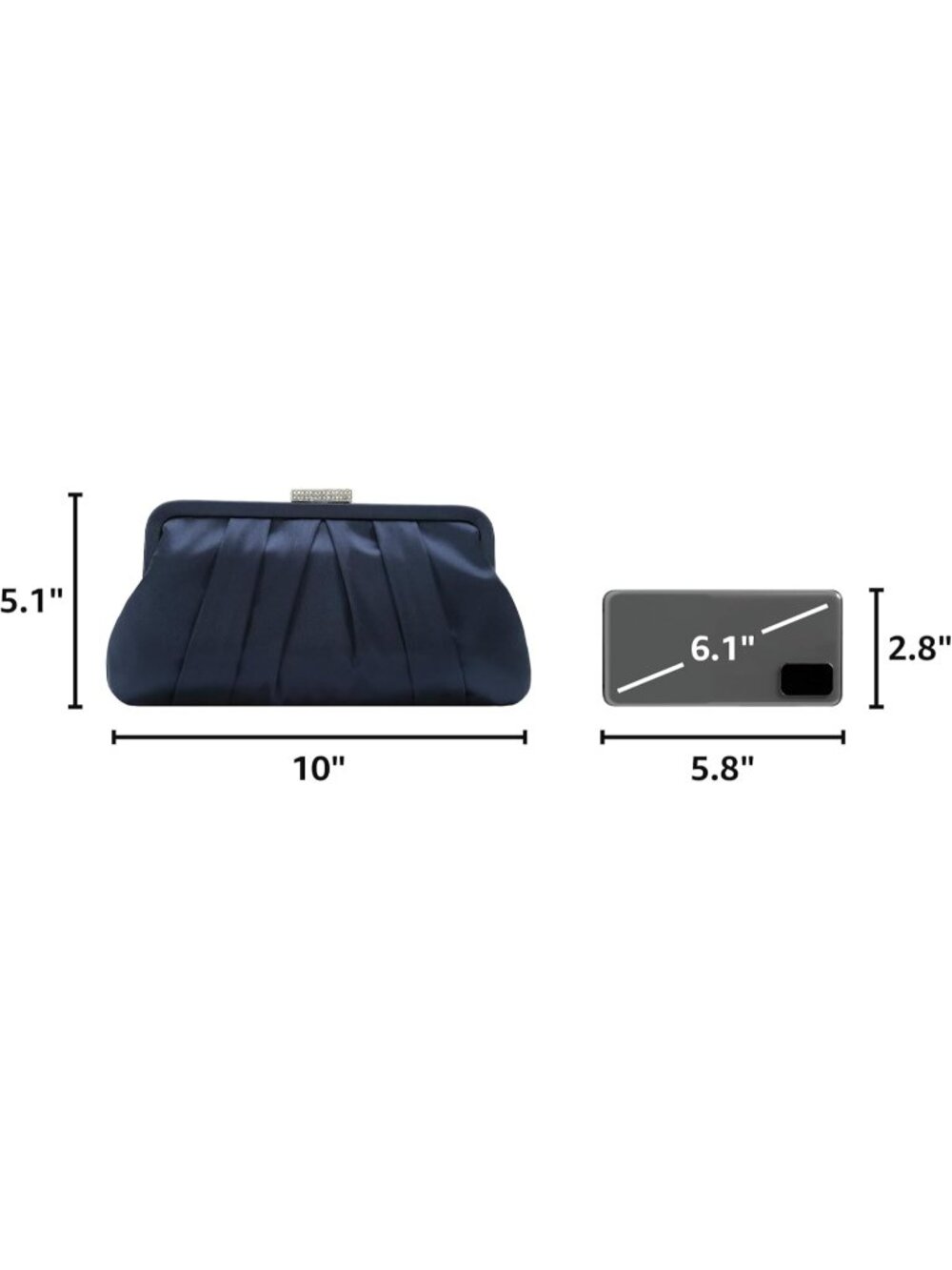 〽️ Women's Navy Pleated Satin Clutch Bag Diamante Embellished Wedding Formal - Picture 3 of 6